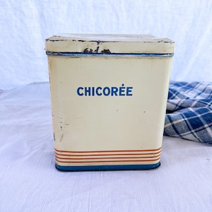 French Vintage Pale Yellow Tin Chicorée Box, Vintage Kitchen Spice Box, Found in Provence, Poulain Metal Hinged Lidded Box