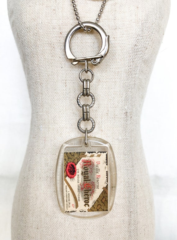 Vintage French Wine Label Keychain Necklace, Vinta