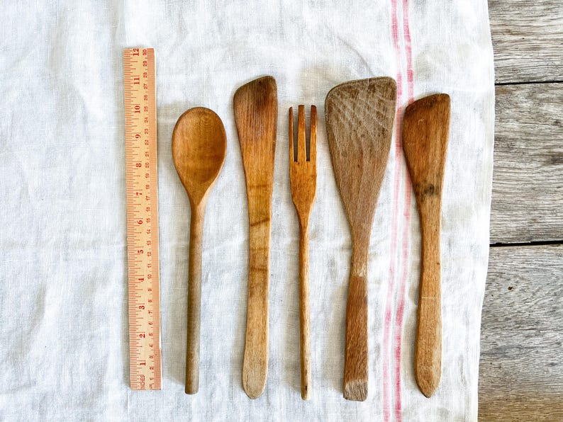 French Vintage Wooden Spoon, Spatulas, & Fork, Set of Five, French Country Cooking Utensils, Wood Utensils, Found in Provence bild 6