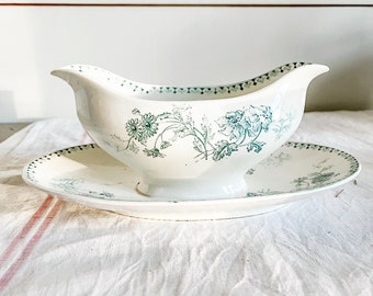 Vintage French Teal and White Sarreguemines Gravy Boat, French Blue Green Transferware, Attached Base Gravy Boat, Found in Provence