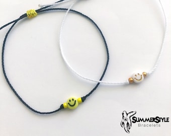 Mini Happy Face Stackable Adjustable Waterproof Bracelet, Happy Face Bracelet, Wax Cord Bracelet, SummerStyle Bracelets