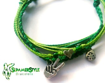 Pack de pulseras ajustables e impermeables con mensajes de paz, amor y reciclaje. Pulsera ecológica, regalo para los amantes del reciclaje. Pulsera de cordón encerado, cordón impermeable.