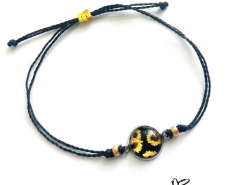 Sunny Sunflower verstelbare waterdichte armband, zonnebloem cadeau, zonnebloem armband, waxkoord armband, SummerStyle armbanden