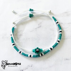 One of a Kind Teal Yin Yang Flower Bracelet Set, Yin Yang Jewelry, Beaded Bracelets, SummerStyle Bracelets