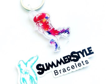 Klare Aquarell Qualle Acryl Schlüsselbund, Meeresgeschöpf Schlüsselbund, Acryl Schlüsselbund, Rucksack Schlüsselbund, SummerStyle Armbänder