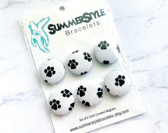 Set of 6 White Paw Print Magnets, Cloth Button Magnet, Office Decor, Refrigerator Magnets, SummerStyle Bracelets