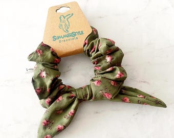 Olive Roses Vintage Floral Bow Scrunchie, Hair Accessories, Floral Gift, SummerStyle Bracelets