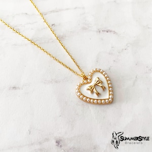Pearly Bow Heart Charm Necklace, Bow Jewelry, Stainless Steel Chain Necklace, SummerStyle Bracelets