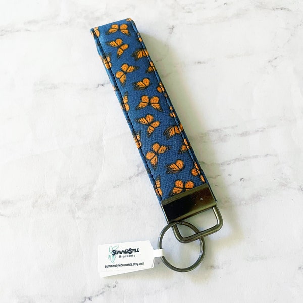 Navy Monarch Butterfly Key Fob Wristlet, 5.5in Wristlet Lanyard, Keychain Wristlet, Butterfly Gift, Handmade Lanyard, SummerStyle Bracelets