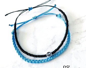 Baby Blue Peace Sign Bracelet Set, Seed Bead Bracelet, Braided Bracelet, Hippie Jewelry, SummerStyle Bracelets