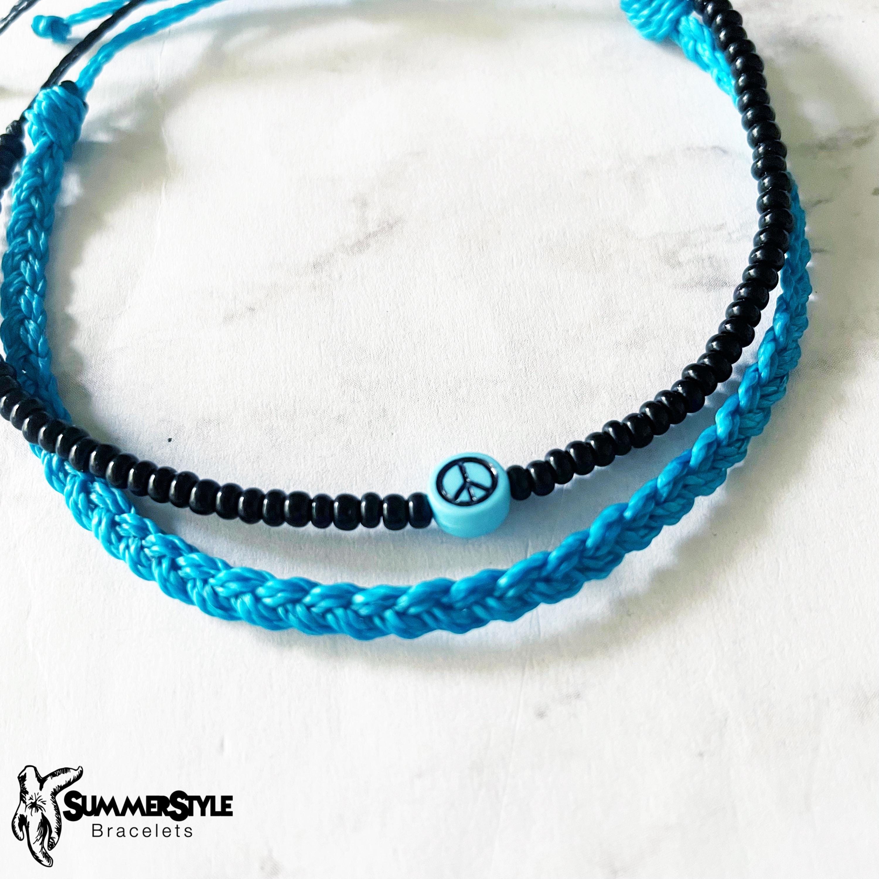 Cerulean Peace Sign Bracelet Set, Seed Bead Bracelet, Braided
