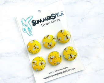 Set of 6 Yellow Honeybee Magnets, Cloth Button Magnet, Office Decor, Refrigerator Magnets, SummerStyle Bracelets