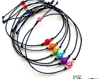 Mini Black Happy Face Stackable Adjustable Waterproof Bracelet, Happy Face Bracelet, Wax Cord Bracelet, SummerStyle Bracelets