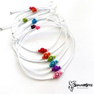 Mini White Happy Face Stackable Adjustable Waterproof Bracelet, Happy Face Bracelet, Wax Cord Bracelet, SummerStyle Bracelets