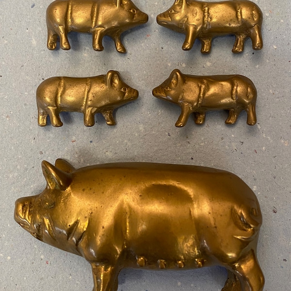 Solid Brass Mama Pig and Four Piglets