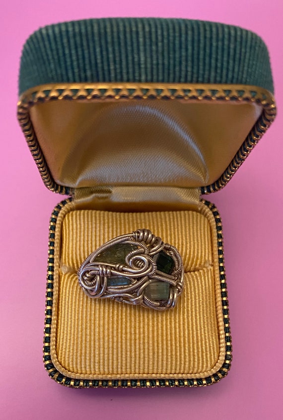 Teal Blue/Green and Gold Vintage Ring Presentation