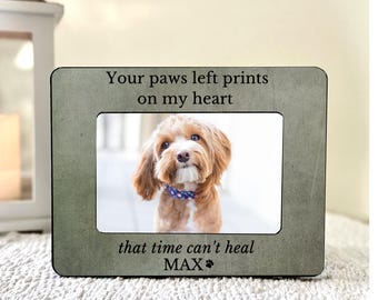 May include: A rectangular photo frame with a picture of a dog. The frame is gray with the text "Your paws left prints on my heart" and "that time can't heal MAX" with a paw print symbol.