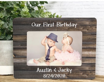 First Birthday Frame- Twins Frame- Personalized Baby Frame- First Birthday Gift- Baby Frame- Baby Milestone Frame- 4x6 Picture Frame-