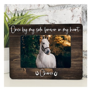 May include: A dark brown wooden picture frame with a photo of a white horse wearing a bridle. The frame has the text "Once by my side, forever in my heart..." and "Chance" with horseshoe graphics.