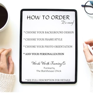 Op de afbeelding: Een zwart omrand bord met de tekst "HOW TO ORDER" en opsommingstekens met stappen: achtergrond, frame-stijl, foto-ori&euml;ntatie en personalisatie kiezen. Het bord bevat ook de tekst "Words Worth Framing Co".