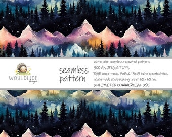 Watercolor Mountain Seamless Pattern, Gold and Teal (Digital Download)