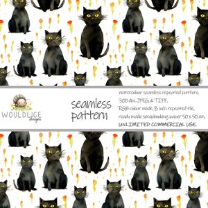 Patrón sin costuras de gato negro, regalo para amantes de los gatos, patrón repetido de impresión de fondo de gatito, descarga digital