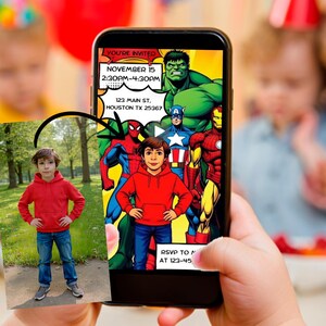 Superheroes Animated Video Invitation | Any age Epic Birthday Digital Invite with Child’s Photo | Superhero Birthday Party, Personalized