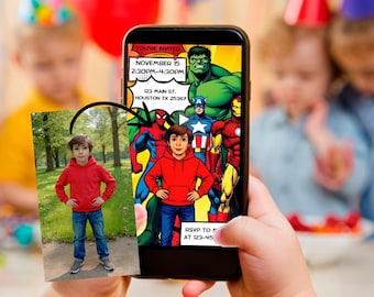 Invitación de video animada de superhéroes / Invitación digital de cumpleaños épica para cualquier edad con foto del niño / Fiesta de cumpleaños de superhéroes, personalizada