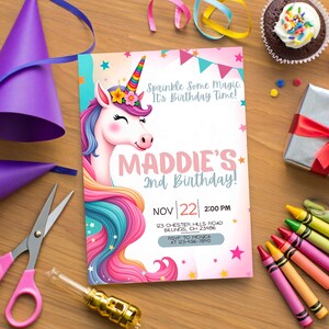 Unicorn Birthday Invitation | Editable Magical Party Invite | Any Age | Girl Birthday Canva Template | Instant Download | Rainbow Unicorn