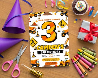 Editable Construction Birthday Invitation | 3rd Birthday Invite | Dump Truck Theme | Boys Under Construction Party | Canva Template