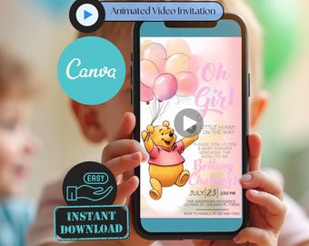 Invitación en video para baby shower de Winnie the Pooh / Plantilla animada de Canva / Winnie the Pooh clásico / 35 segundos / Editable y fácil de usar / Floral rosa