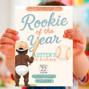 Rookie of the Year 1st Birthday Invitation | Baseball Themed Party | Editable Canva Template | Baby Boy First Birthday | Sports Invite
