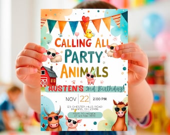 May include: A colorful party invitation with the text "CALLING ALL PARTY ANIMALS" and "Austen's 2nd Birthday!" features cartoon farm animals wearing sunglasses. The invitation includes date, time, and RSVP information.