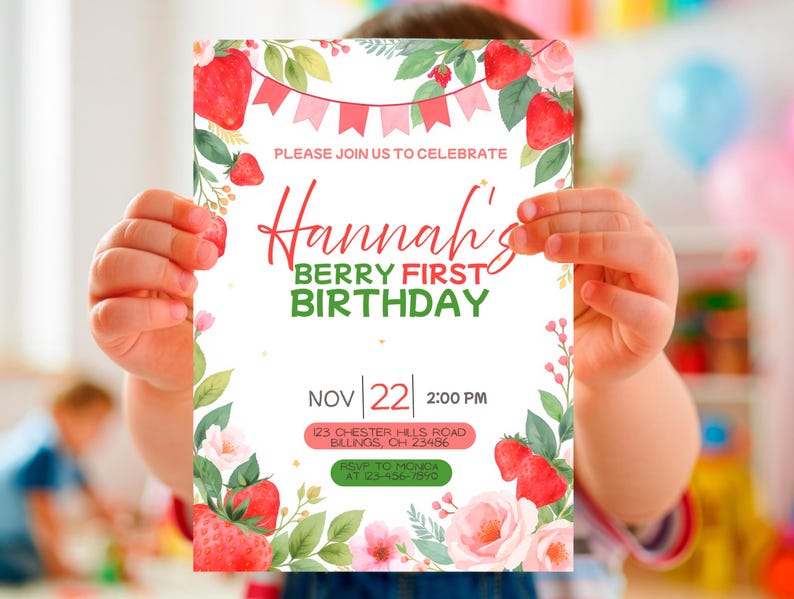 Editable Berry First Birthday Invitation | Strawberry 1st Birthday ...
