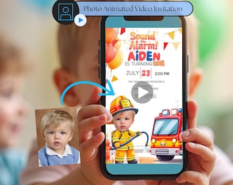 Firefighter Birthday Animated Video Invitation with Child’s Photo | Fireman Theme Digital | Invite for Fire Truck Party Sound the Alarm