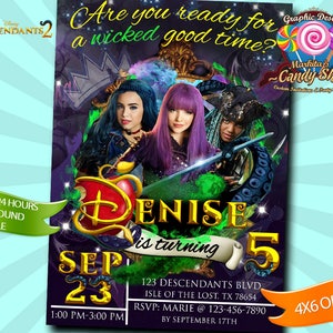 Descendants 2, Invitation, Decorations, digital, Invite, custom, personalized, birthday, party, 2, Disney, Descendants, Descendientes, Card image 1