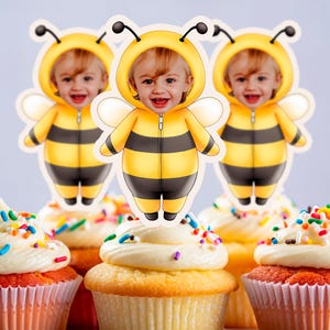 First Bee-Day Custom Shaped Toppers | Personalized Bee Theme Stickers, Cupcake & Cake Toppers | 1st Birthday Favor Tags with Child’s Photo