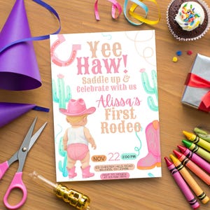 First Rodeo Girl Birthday Invitation | Cowgirl 1st Birthday Editable Canva Template | Pink Western Party Invite | Rustic | Instant Download