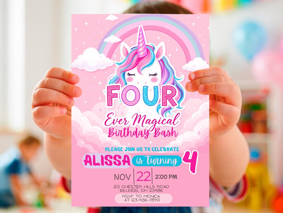 Unicorn 4th Birthday Invitation | FOUR Ever Magical Party Invite ...