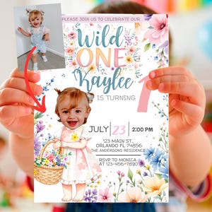 Convite de aniversário de flores silvestres | Convite de aniversário de 1º aniversário floral personalizado com foto da criança | Convite digital para festa com tema de flores silvestres Boho