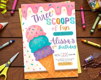 Three Scoops of Fun Ice Cream Birthday Invitation | 3rd Birthday Party Invite | Editable Canva Template | Download | Girl Ice Cream Theme