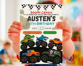 May include: A birthday party invitation featuring monster trucks. The invitation reads "BOOM! CRASH! It's a Monster Truck Birthday Party! Austen's 4th Birthday Nov 22 2:00 PM". The invitation includes illustrations of monster trucks with various designs.