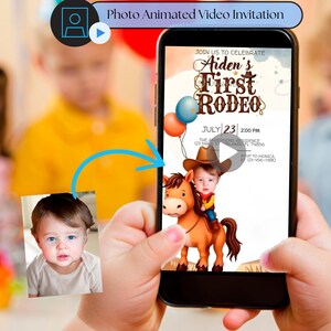 First Rodeo Cowboy Birthday Animated Video Invitation with Child’s Photo | Cowboy Party | Personalized 1st Birthday Party Invite for Boy