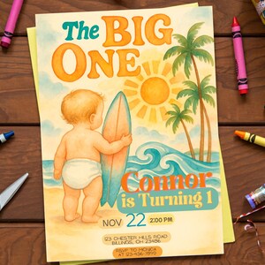 The Big ONE 1st Birthday Invitation | Surf Party Editable Canva Template | Retro Beach Theme for Boys | Ocean Surfer Birthday Invite