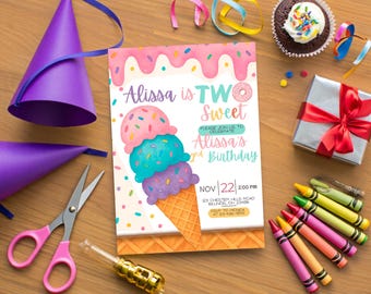 Ice Cream Two Sweet Birthday Invitation | 2nd Birthday Party Invite | Editable Canva Template | Instant Download | Pastel Ice Cream Theme