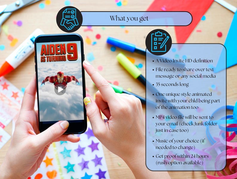 May include: A person's hands holding a smartphone displaying a birthday invitation. The invitation features the text "AIDEN 9 IS TURNING" and an animated Iron Man character. The image also includes text describing the video invitation's features.