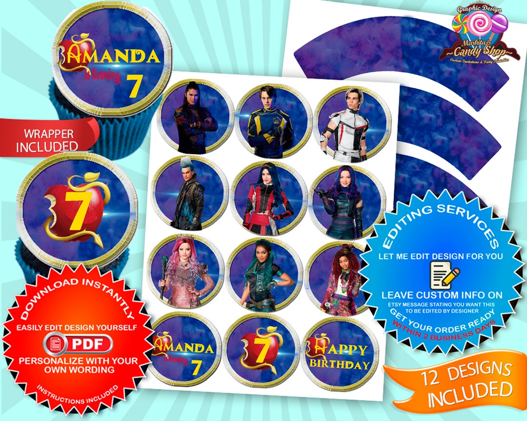Descendants 3, Cupcake Toppers, Printable, Digital, Design, Topper ...