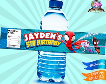 Spidey and his amazing friends, Digital, Water bottle, labels, Design, Party, Birthday, Decoration, Custom, Wrappers, Label, Bottle, Decor