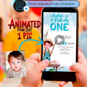 May include: A blue and white animated video invitation for a first birthday party. The invitation features a cartoon boy fishing and the text "Aiden is O-Fish-ally ONE".