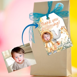 Party Animals Thank You Tags | Wild One Jungle Safari Birthday Favor Tags | Personalized 1st Birthday Gift Tags with Child’s Photo |  Labels